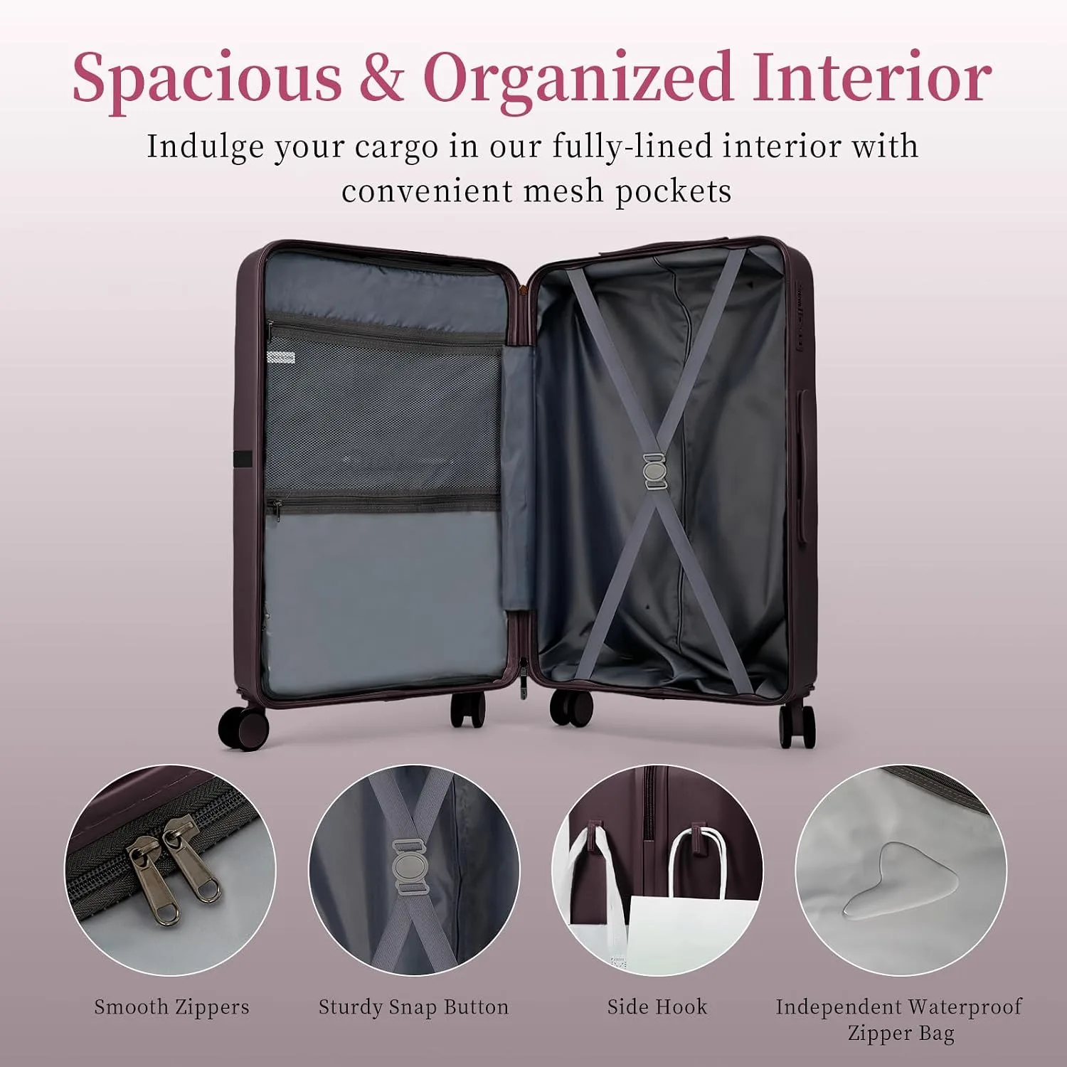 Fully lined suitcase interior